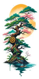 Japanese landscape of trees,water,bamboo,blossoms, and wood mechanical gears integrated with abstract universe  tattoo design idea