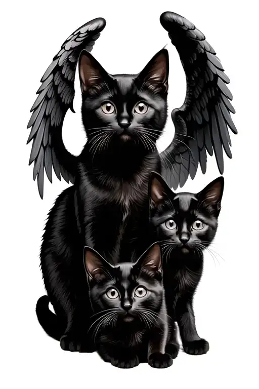 2 black cats with angel wings and 1 black kitten with angel wings  tattoo design idea