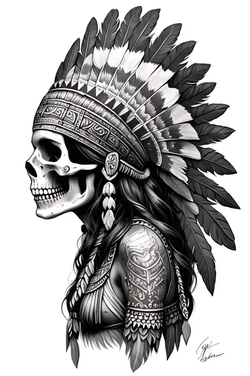 aztec warrior girl skeletal face with an Aztec-inspired headdress, blending death and warrior symbolism feathers tattoo design idea