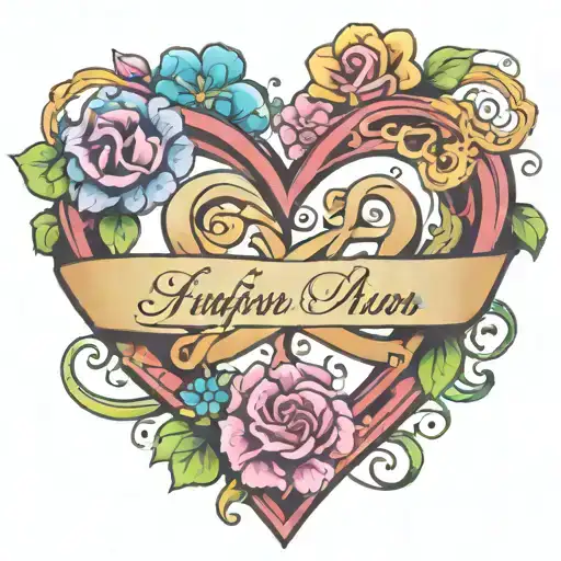 colorful infinity symbol with adoption symbol inside of a blooming heart with 2 names and 1 date tattoo design idea