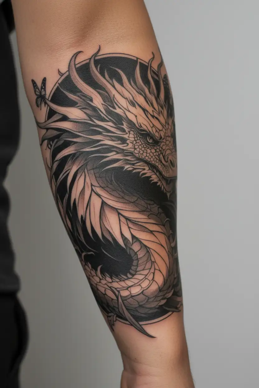 "Butterflies kind of evolving f" just had a dragon tatt done on my forearm just above my elbow and the head starts on my hand i now want to incorperate b tattoo design idea