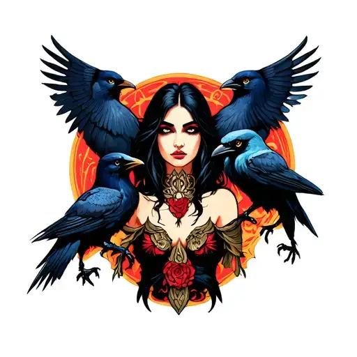 Goddes Morrigan with Crows, sprear and three faces tattoo design idea