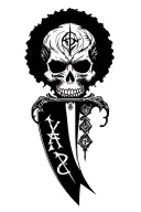 "AFRO" Sharp long dagger with runes shaded skull head  tattoo design idea