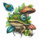 toad in a forest with peacock feather, lord shiva's trishul and mushrooms tattoo design idea