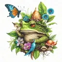 toad in a forest with peacock feather, lord shiva's trishul and mushrooms tattoo design idea