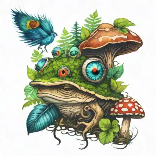 toad in a forest with peacock feather, lord shiva's trishul and mushrooms tattoo design idea