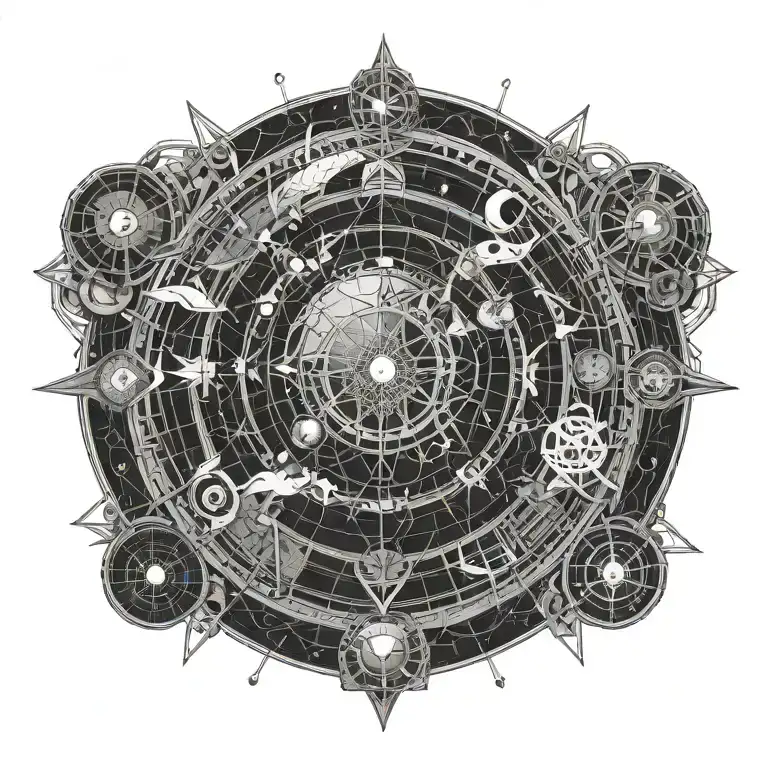 A black-grey tattoo design combining elements of astronomy and ancient mathematics tattoo design idea