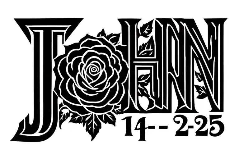 "John 12-25" lettering with a cross with rose growing tattoo design idea