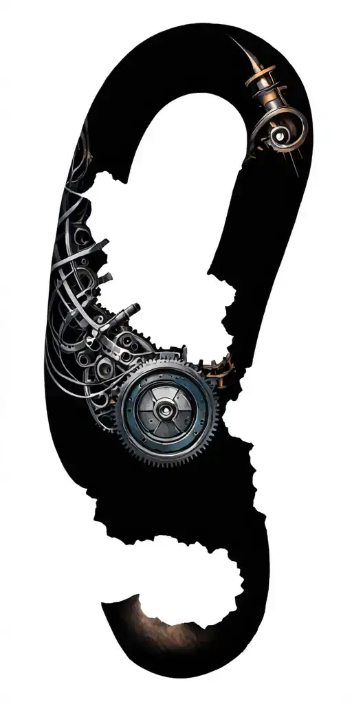 metal parts, gears, pipes, wires, torn skin effect,  realism, black and gray color scheme. On arm tattoo design idea