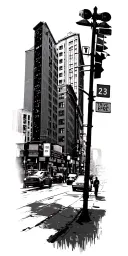 city street with tall buildings and street signs and on a busy day tattoo design idea