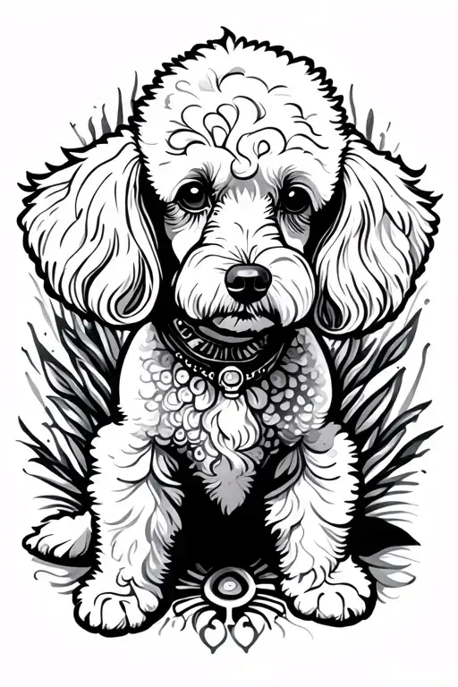 White French Poodle Dog with Divine Background Themes tattoo design idea