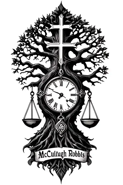 "McCullough  Robbs " "McCullough  Robbs " gothic tree of life intertwined with cross, libra scales and a clock  tattoo design idea