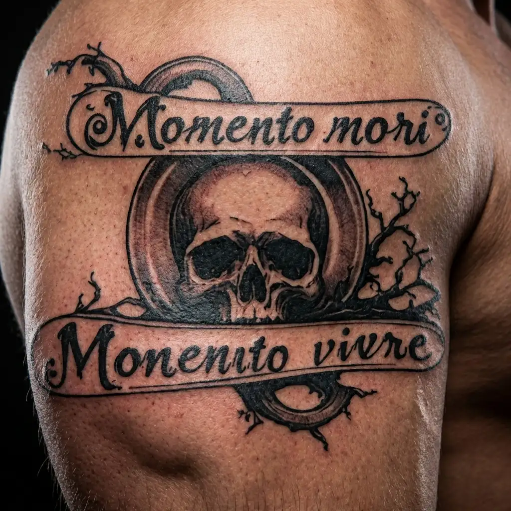 "Momento mori Momento vivere" "Momento mori Momento vivere" memento mori memento vivere tattoo design, hour glass tattoo, skull in the bottom and on the top part tree sinking down tattoo design idea