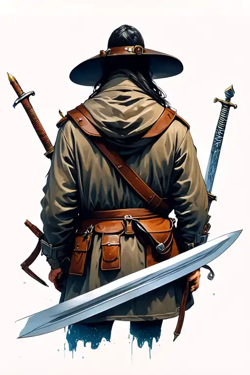 The view of the traveler from the back with a coat, pen, and a sword. Ahead of the vast expanses tattoo design idea