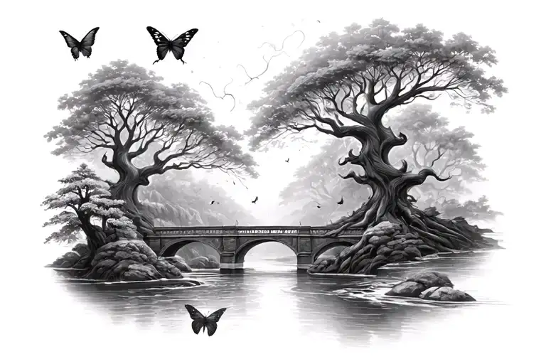 Life trees with movement and birds and butterflies with xena from the front and a bridge with a river tattoo design idea