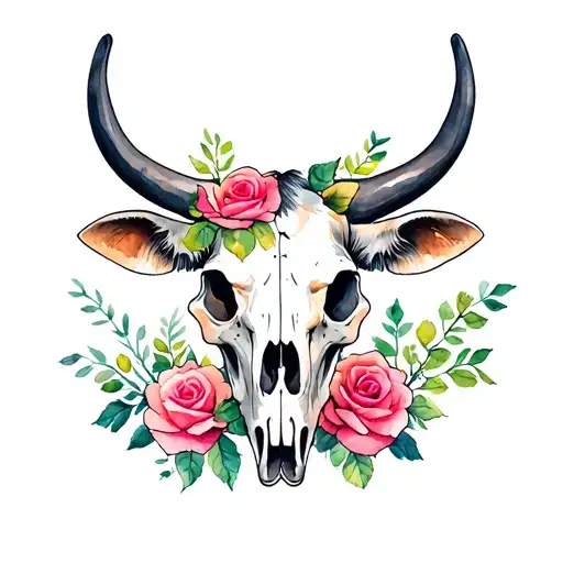 Cow skull with roses tattoo design idea