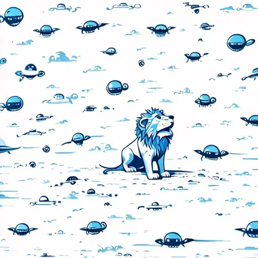 cute and small lion looking up left side pose,  vast blue colored distant sky filled with aliens all over the sky  tattoo design idea