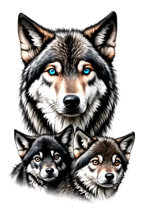 adult wolf above 2 wolf cubs; 1 blue eyes 1 brown eyes otherwise all black and grey tattoo design idea