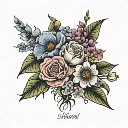 Flower Bouquet that includes the birth month flowers for January, April, May & September and includes the last name "Mor tattoo design idea