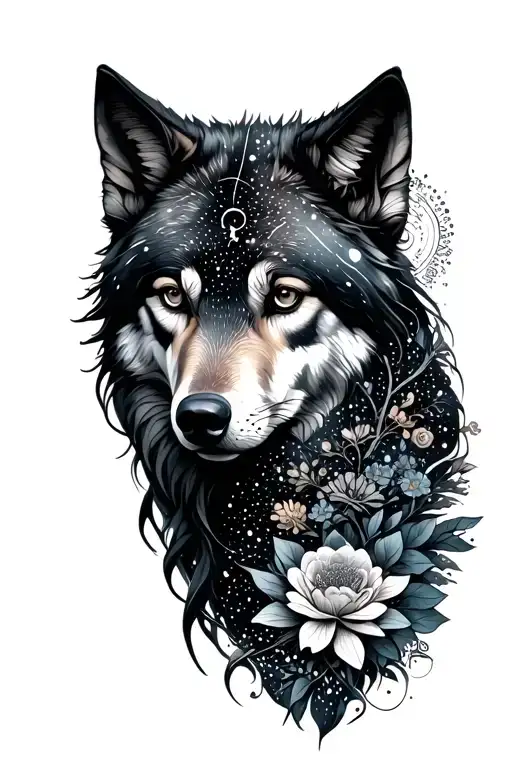 guardian wolf looking forward half womans face surrounded by upper celestial with cancer constelation lower half floral  tattoo design idea
