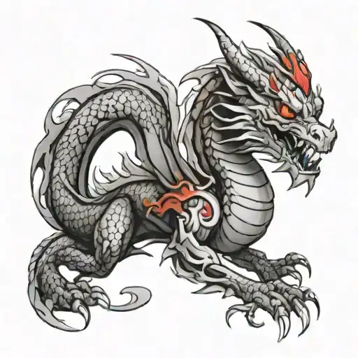 black and grey brush stroke dragon. red accents  tattoo design idea