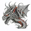 black and grey brush stroke dragon. red accents  tattoo design idea