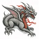 black and grey brush stroke dragon. red accents  tattoo design idea