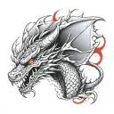 black and grey brush stroke dragon. red accents  tattoo design idea