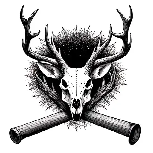 A deer skull with antlers intertwined with a baseball bat tattoo design idea
