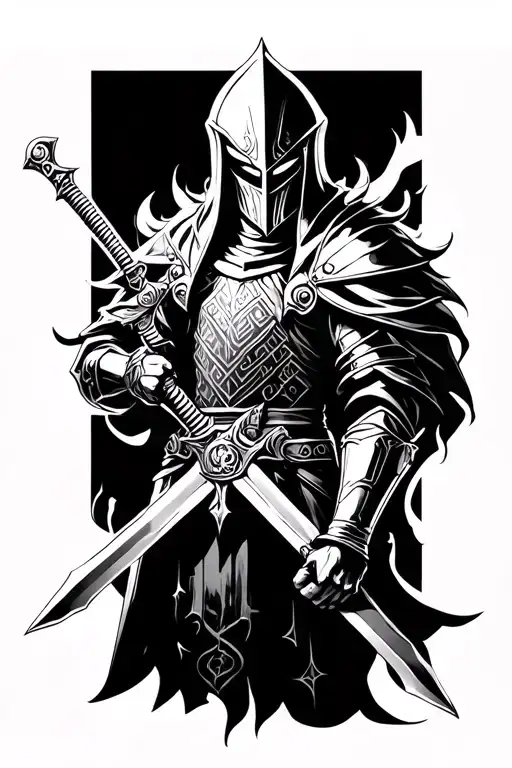 neo tribal, dark fantasy, knight holding a sword, black and white,  tattoo design idea