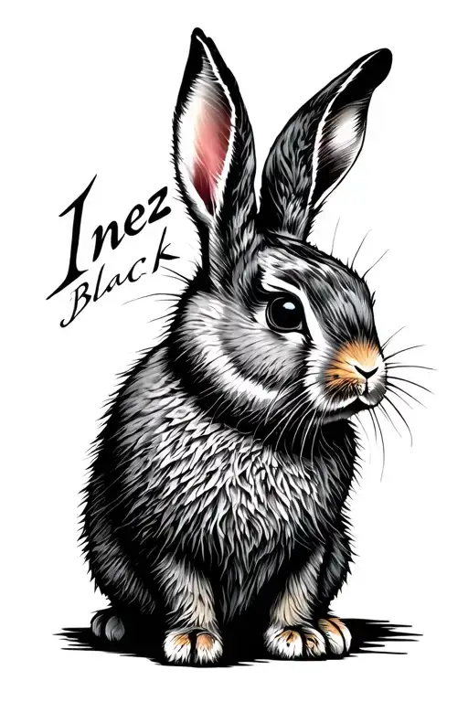 single black line rabbit with inside script of name Inez tattoo design idea