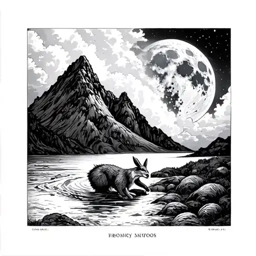 mountain, river, asteroid hitting earth, clouds, full moon, fox eating rabbit,  tattoo design idea