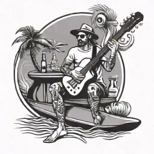 A server serving drinks on a stand up paddle surfboard with a guitar and harmonica in the background tattoo design idea