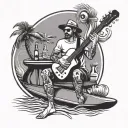 A server serving drinks on a stand up paddle surfboard with a guitar and harmonica in the background tattoo design idea