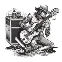 A server serving drinks on a stand up paddle surfboard with a guitar and harmonica in the background tattoo design idea