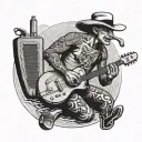 A server serving drinks on a stand up paddle surfboard with a guitar and harmonica in the background tattoo design idea