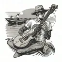 A server serving drinks on a stand up paddle surfboard with a guitar and harmonica in the background tattoo design idea