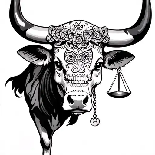 feminine bull with sugar skull markings and 2 Libra scales tattoo design idea