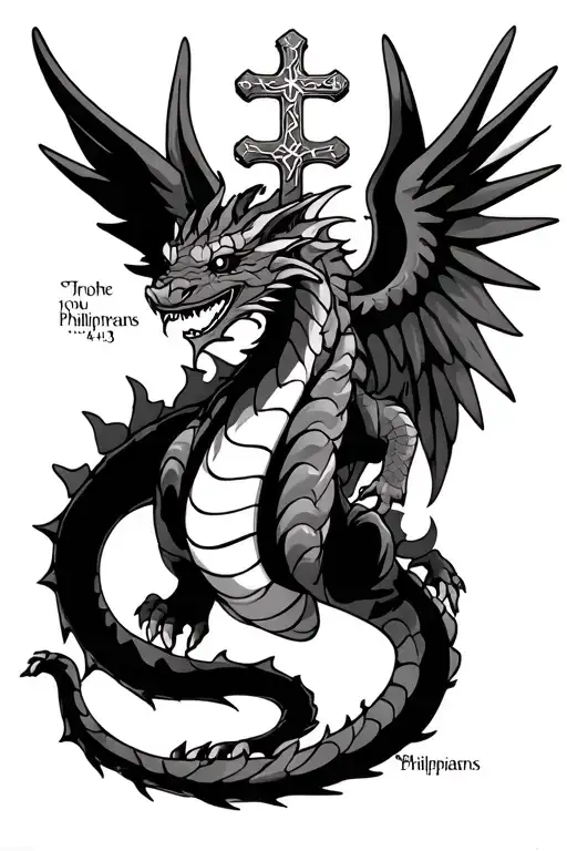 Shenron Dragon with religious cross with angel wings and "Philippians 4:13" quote  tattoo design idea