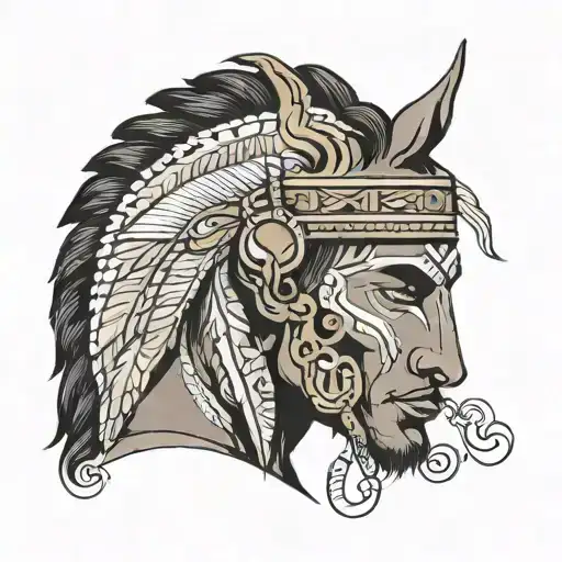 half Indian man half horse face profile holding tattoo design idea