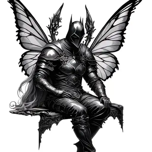 dark fantasy knight sitting with a fairy tattoo design idea