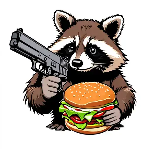 raccoon with hand gun and lunch pale tattoo design idea