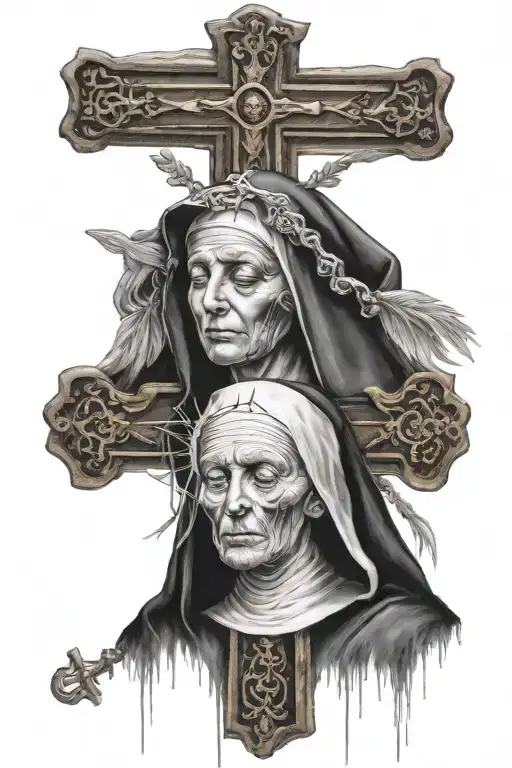Holy beautyful Nun with a Cross on her holy face. eyes closed tattoo design idea