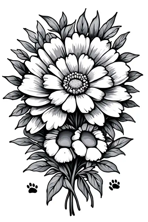 flower bouquet with the stem being the words forever and a small dog paw print at the end tattoo design idea