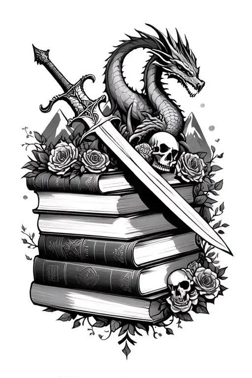 outline stack of books, dragons, swords, mountains, skulls, castle, floral tattoo design idea