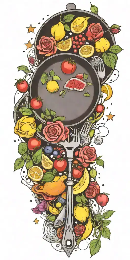 cooking utensils one  frying pan fruits vegetables steak roses stars tattoo design idea