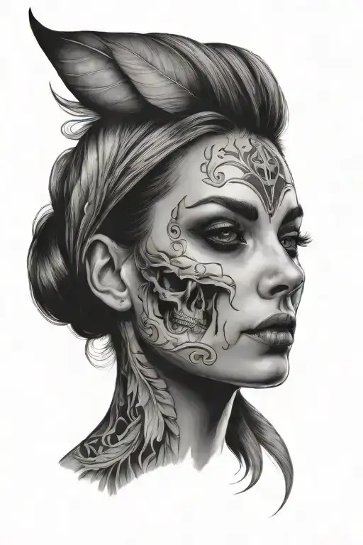 woman with her face half skull tattoo design idea