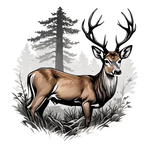 A serene forest scene with a deer peacefully grazing, embodying the tranquility of natural life tattoo design idea