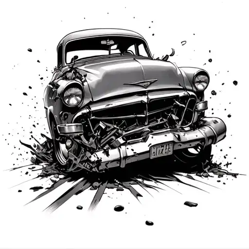 poisen bottel on top of crashed car driving tattoo design idea