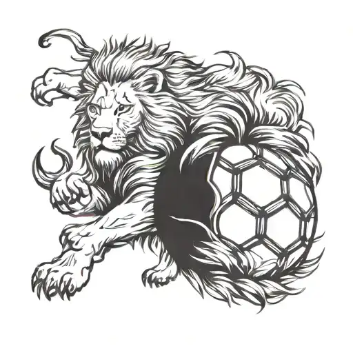 A soccer ball merging with a lion's mane, symbolizing strength and agility tattoo design idea